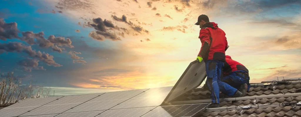 Monteure bauen Photovoltaikanlage auf das Dach bei Sonnenaufgang